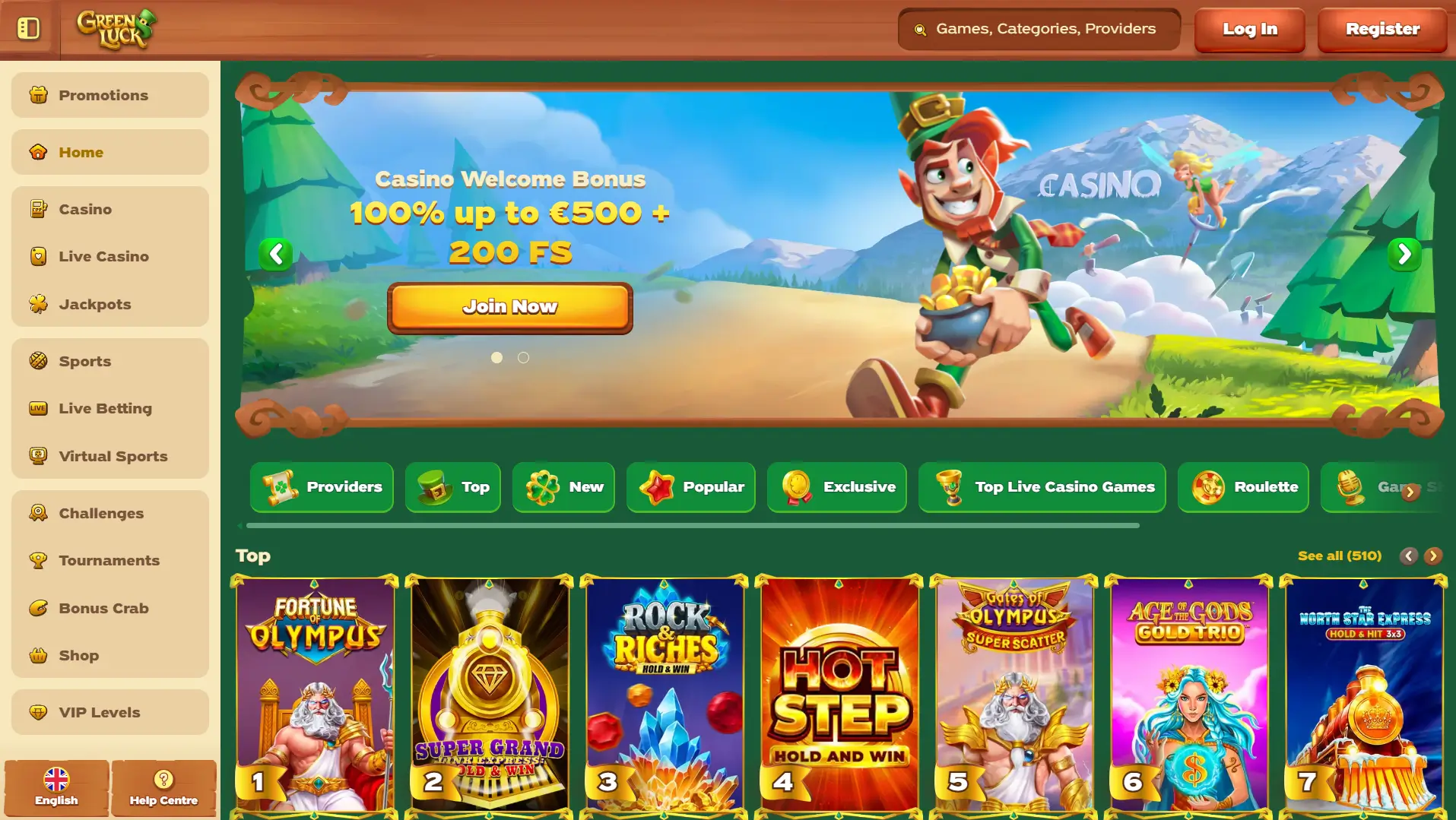 Greenluck Casino Startseite mit Willkommensbonus Spielautomaten und Casino-Kategorien